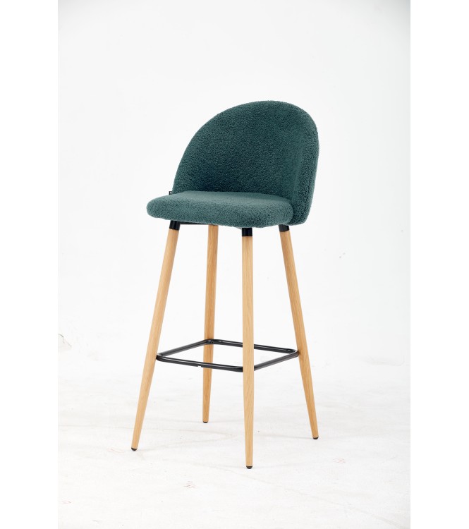 Tabouret de Bar en Tissu Teddy | Chaise Haute de Cuisine Nordique avec Pieds en Bois Naturel | Vert Forêt