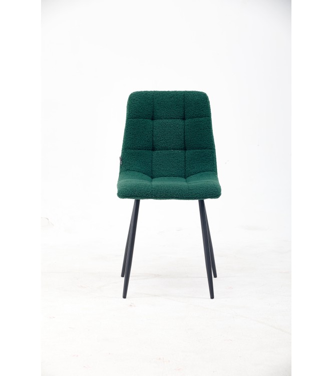 Chaise de Salle à Manger Matelassée | Chaise Moderne en Tissu Teddy Vert Forêt | Pieds en Métal Noir