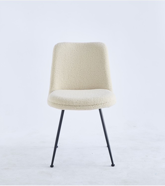 Chaise de Salle à Manger Moderne | Chaise Bouclée Minimaliste en Crème | Pieds en Métal Noir